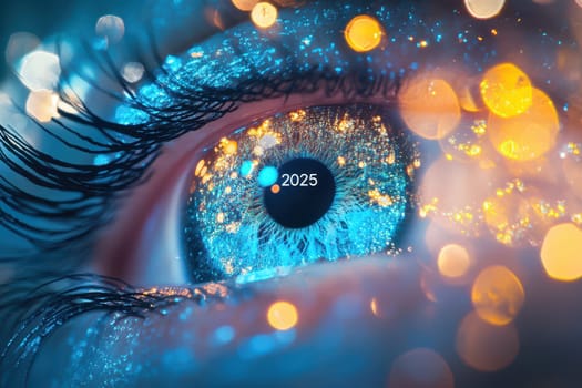 A close up of a colorful eye featuring bright sparkles and a futuristic year symbolizing vision and aspirations for 2025.