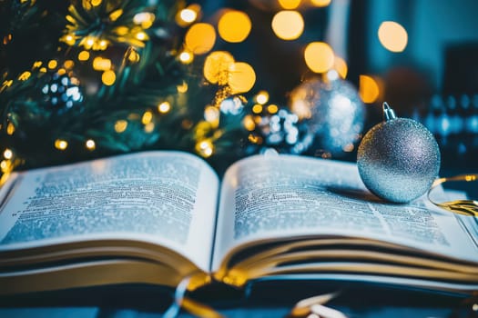 An open book is placed on a table beside a Christmas tree with sparkling ornaments and warm lights creating a festive atmosphere.