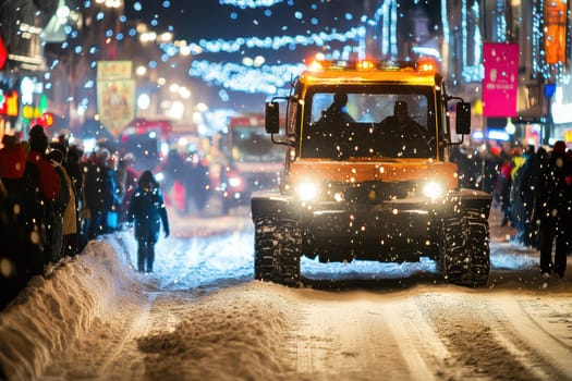 A snowplow removes snow from a busy street as people enjoy a winter festival in the evening illuminated by festive lights.