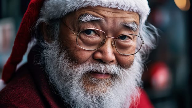 An elderly man with a gray beard and glasses wearing a Santa hat smiles warmly creating a festive atmosphere during winter holidays.