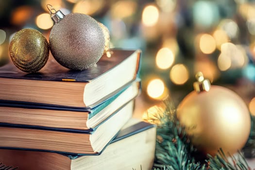 A stack of books rests next to gold ornaments and a Christmas tree creating a cozy holiday atmosphere with soft lights in the background.