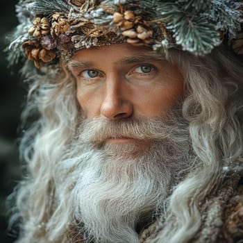 A majestic figure dressed in natural elements gazes intently adorned with a wreath of pinecones and foliage evoking a mystical winter vibe.