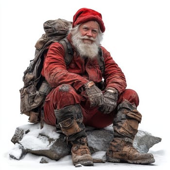 A cheerful figure dressed as Santa Claus sits on a rock in a snowy setting taking a break from his holiday preparations in winter.