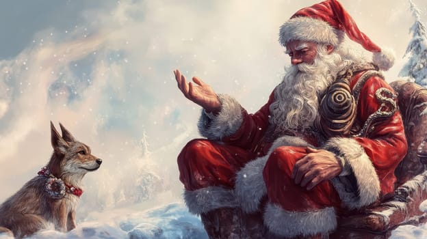 Santa Claus is sitting on a chair in the snow engaging with a curious fox adorned with a collar while winter scenery surrounds them.