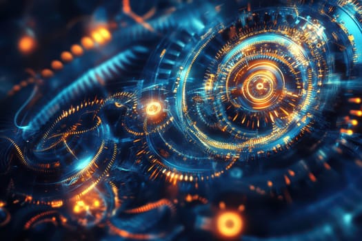 A mesmerizing abstract design features intricate glowing circuits and patterns in blue and orange hues creating a futuristic vibe.