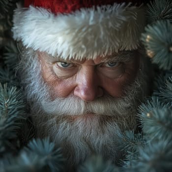 A serious Santa Claus peers through pine branches showcasing a festive yet intense expression against a natural backdrop.