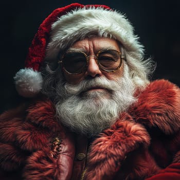An elderly man with a white beard wears a red coat and Santa hat while sporting round glasses exuding a cheerful holiday spirit.