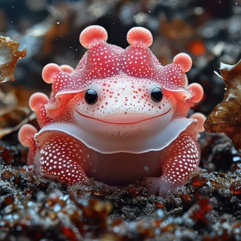 A pink frog with bubble like adornments is resting on the ocean floor amid vibrant seaweed in a tranquil underwater setting.