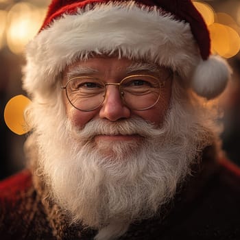 A joyful elderly man in a Santa costume smiles warmly spreading holiday spirit at a festive Christmas celebration in winter.