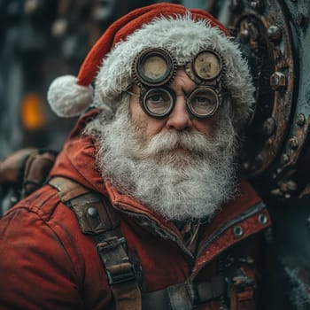 A bearded man dressed as Santa Claus wearing steampunk goggles stands outdoors in a snowy environment showcasing a unique holiday theme.