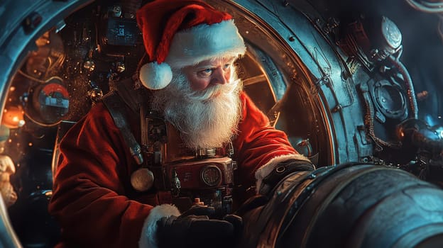 Santa is working diligently inside a submarine getting ready for his Christmas deliveries while surrounded by colorful lights and gadgets.