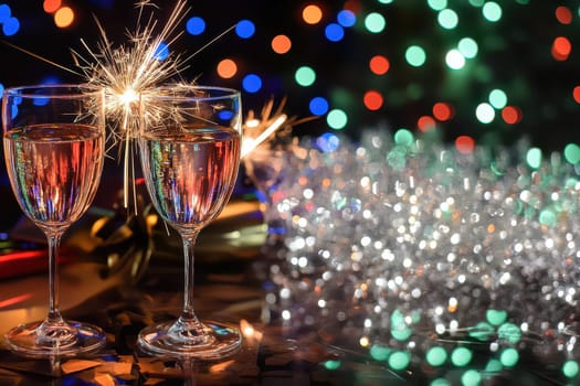 Two glasses sparkle with drinks while festive lights and sparklers illuminate the setting creating a joyful atmosphere for celebration.