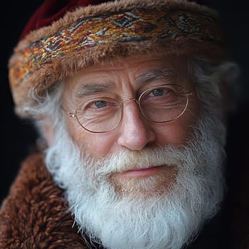 An elderly man with a long white beard wearing round glasses and a fur lined hat looks warmly at the viewer creating a cozy atmosphere.