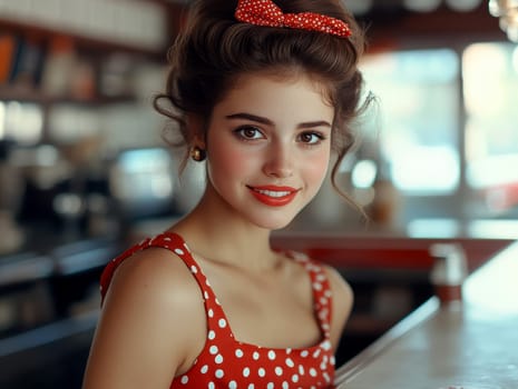 A beautiful woman sits at the counter of an American restaurant. Stylized from1940s - 1950s. AI generative.