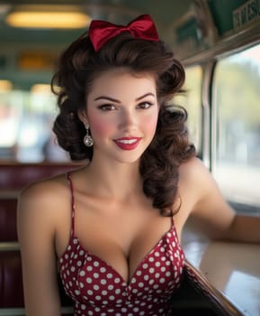 A beautiful woman sits at the counter of an American restaurant. Stylized from1940s - 1950s. AI generative.