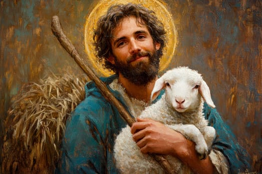 Saint John the Baptist, holding a shepherd's staff and holding a white lamb on one shoulder. AI generative.