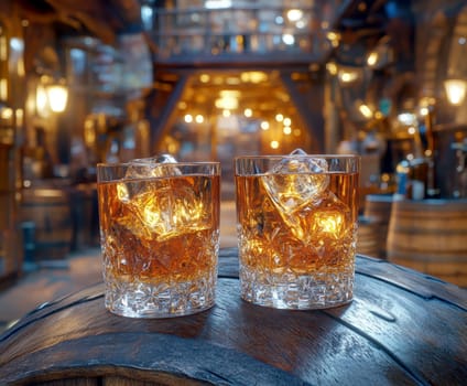 Two elegant, crystal-clear glasses of whiskey with ice cubes. AI generative.