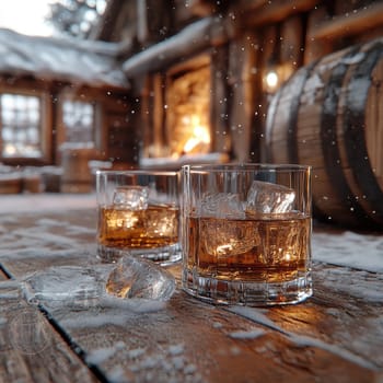 Two elegant, crystal-clear glasses of whiskey with ice cubes. AI generative.