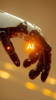 robot hand gently holding an 'AI' logo in its palm. AI generative.