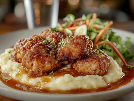 fried meatballs served with creamy mashed potatoes and a fresh green salad. AI generative.