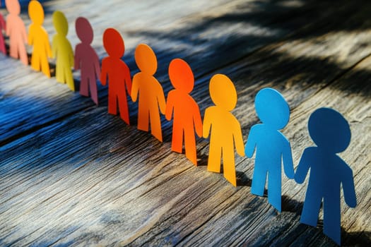 A vibrant display of brightly colored paper cutouts of people standing side by side, showcasing unity and creativity on a wooden background. Perfect for themes of community and togetherness.