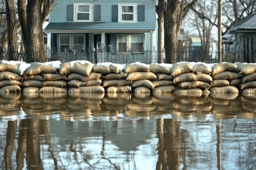Sandbags are strategically stacked in a semi-circle around a flooded basement area, providing crucial protection against rising waters. This image captures an essential aspect of flood preparedness in residential settings.