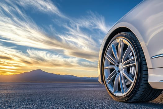 Stunning wide angle view of a luxury car wheel against a vibrant summer sunset. The polished detail showcases elegance and modern design in a serene landscape.