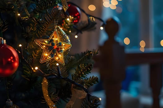 Glowing Star Ornament on Christmas Tree with Festive Lights