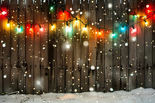Winter Wonderland: Festive Lights on Wooden Fence in Snow