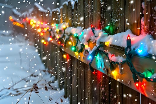 Winter Wonderland: Festive Lights on Snowy Fence
