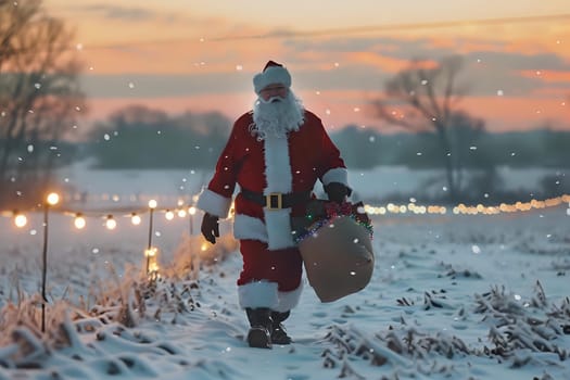 Holiday Figure with Gifts Walks Snowy Path at Sunset
