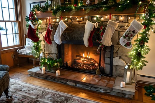 Cozy Christmas Fireplace with Stockings and Festive Decor