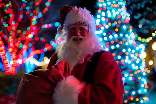Santa Claus holding a large bag of presents, standing next to a Christmas tree surrounded by glowing lights. AI Image