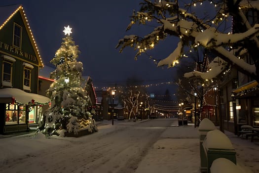 Snowy Village Street Decorated with Christmas Lights