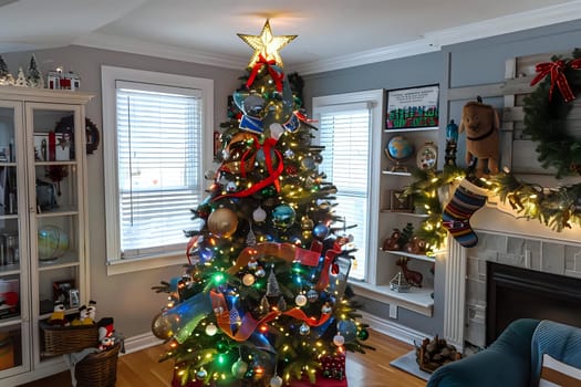 Christmas Tree Decorated with Ribbon, Ornaments, and Lights