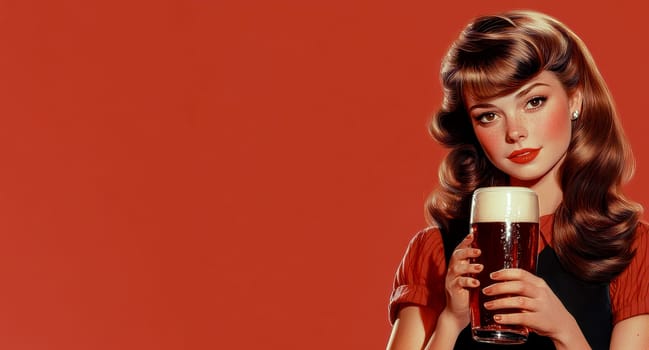 A woman styled in the 1950s holding a glass of beer. Vintage poster. AI generative.