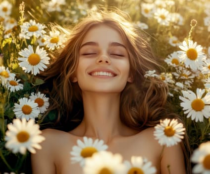 A positive, smiling girl sitting on a sunlit meadow . AI generative.