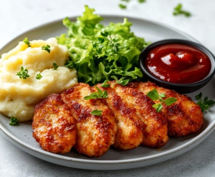 delicious homemade schnitzel on a plate, surrounded by fresh salad and a side of mashed potatoes. AI generative.