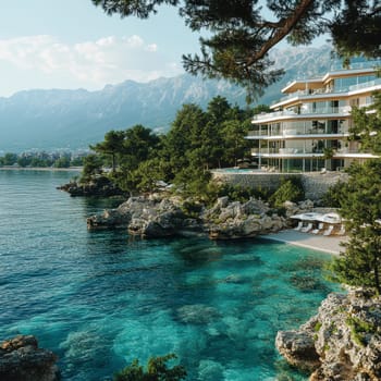 Tourist apartments in Greece on the seashore.AI generative.