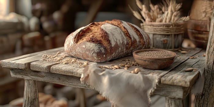 A rustic loaf of bread lying on a wooden table. AI generative.