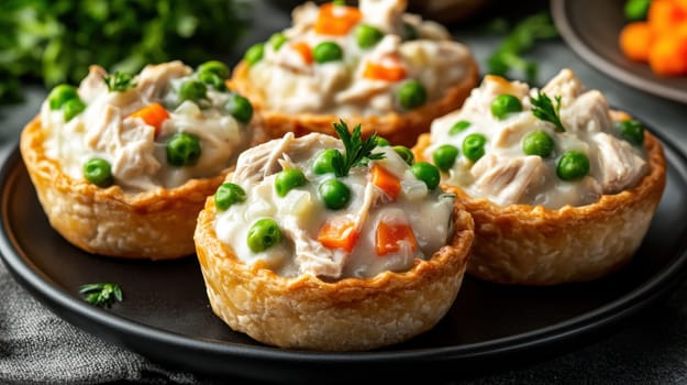 Golden mini chicken pot pie muffins with a flaky crust and creamy filling of chicken. AI generative.
