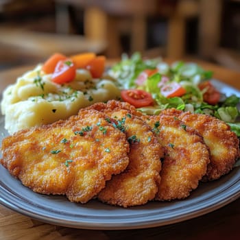 delicious homemade schnitzel on a plate, surrounded by fresh salad and a side of mashed potatoes. AI generative.