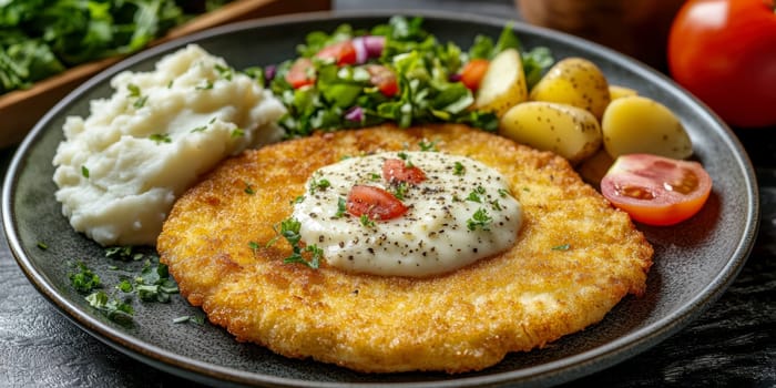 delicious homemade schnitzel on a plate, surrounded by fresh salad and a side of mashed potatoes. AI generative.