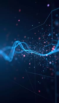 This graphic showcases an intricate display of audio waves flowing through a digital landscape, enhanced by luminous particles. The design emphasizes technology and creativity. Generative AI.