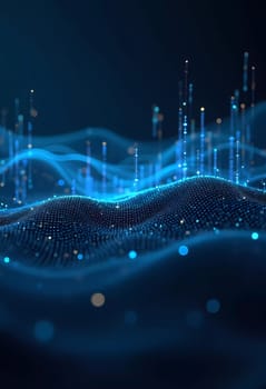 Vibrant blue waves of data ebb and flow in a captivating digital landscape, creating a mesmerizing visual symphony of sound and technology. Generative AI.