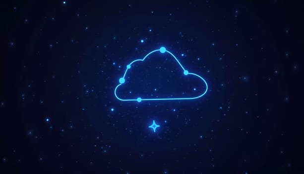 A stunning visualization of a cloud created with glowing lines and data points. The backdrop features a deep blue space filled with stars, creating an immersive tech atmosphere. Generative AI.