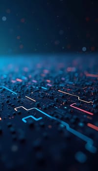 The visual showcases a detailed digital background with an intricate design of circuit patterns, glowing in blue and red hues, creating a high-tech atmosphere. Generative AI.
