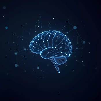 A digital visualization showcases a glowing brain composed of data points and connections. This design symbolizes the intersection of technology and neuroscience in a modern environment. GenerativeAI