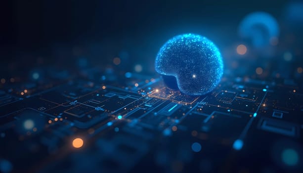 This vibrant digital composition showcases a luminous sphere symbolizing artificial intelligence, surrounded by intricate circuits and glowing lights, illustrating advanced technology. Generative AI.