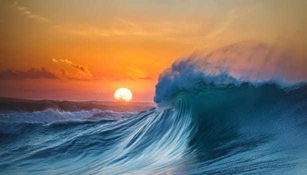 Vibrant sunset over the ocean with large, dynamic waves crashing. The sun is near the horizon, casting a warm orange glow across the seascape, creating a stunning deep contrast
